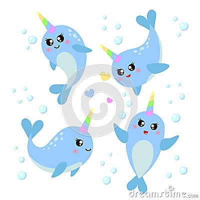 Set of cute cartoon narwhals. It`s a boy Vector Illustration